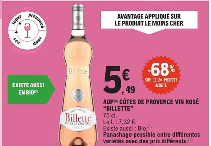 AOP(4) CÔTES DE PROVENCE VIN ROSÉ "BILLETTE"