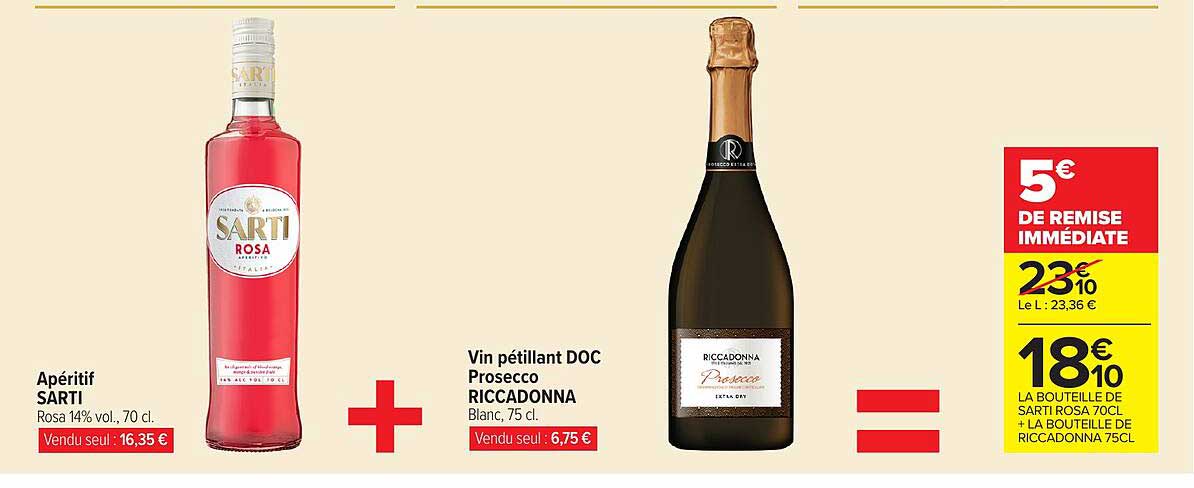 Apéritif SARTI Rosa 14% vol., 70 cl. + Vin pétillant DOC Prosecco RICCADONNA Blanc, 75 cl.