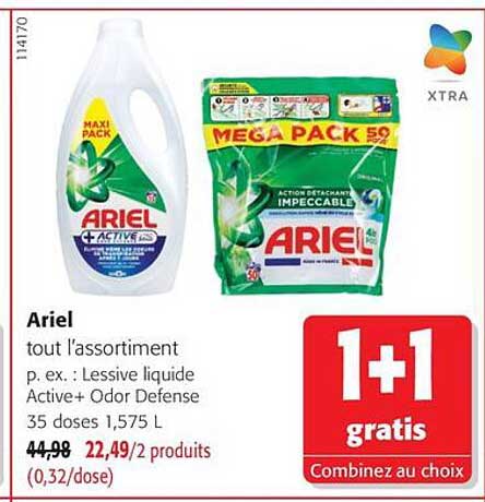 Ariel tout l'assortiment p. ex. : Lessive liquide Active+ Odor Defense 35 doses 1,575 L 1+1 gratis Combinez au choix