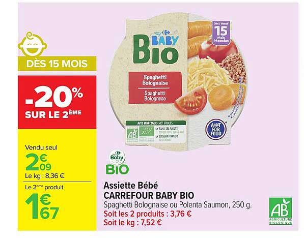 Assiette Bébé CARREFOUR BABY BIO Spaghetti Bolognaise ou Polenta Saumon, 250 g