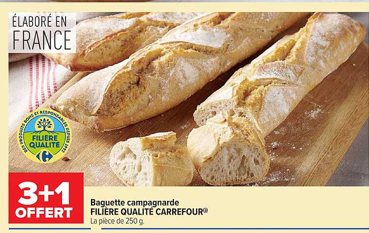 Baguette campagnarde FILIÈRE QUALITÉ CARREFOUR (1) La pièce de 250 g.