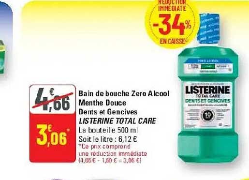 Bain de bouche Zero Alcool Menthe Douce Dents et Gencives LISTERINE TOTAL CARE