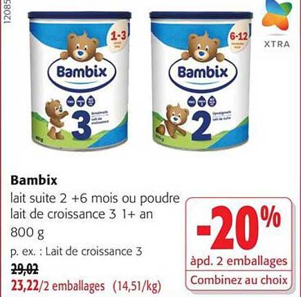 Bambix lait suite 2 +6 mois ou poudre lait de croissance 3 1+ an 800 g