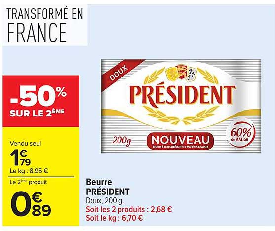 Beurre PRÉSIDENT Doux, 200 g.