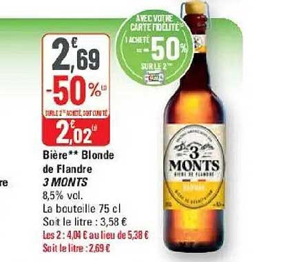 Bière** Blonde de Flandre 3 MONTS 8,5% vol. La bouteille 75 cl
