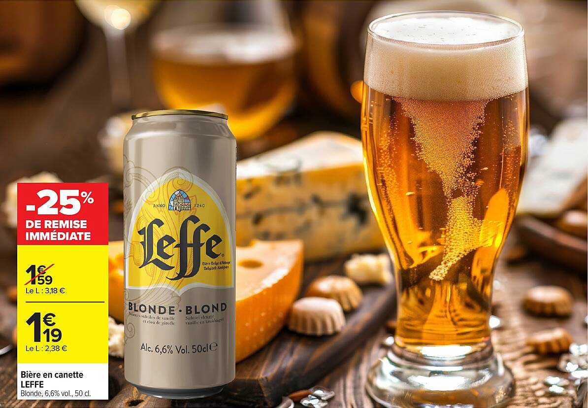 Bière en canette LEFFE Blonde, 6,6% vol., 50 cl.