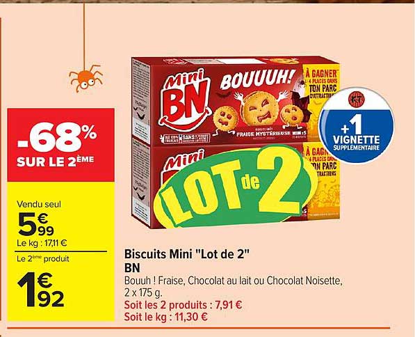 Biscuits Mini "Lot de 2" BN Bouuh ! Fraise, Chocolat au lait ou Chocolat Noisette, 2 x 175 g.