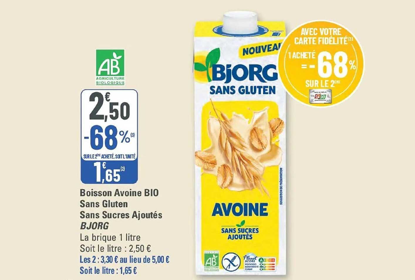 Boisson Avoine BIO Sans Gluten Sans Sucres Ajoutés BJORG
