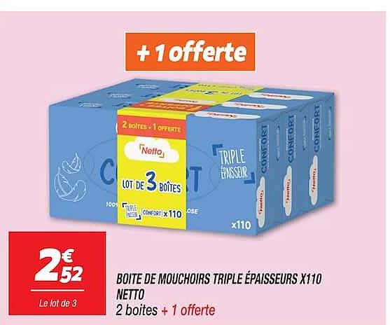 BOITE DE MOUCHOIRS TRIPLE EPAISSEURS X110 NETTO 2 boites + 1 offerte