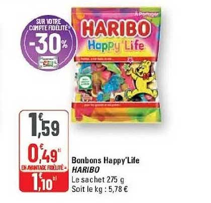 Bonbons Happy'Life HARIBO Le sachet 275 g Soit le kg : 5,78 €