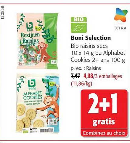Boni Selection Bio raisins secs 10 x 14 g ou Alphabet Cookies 2+ ans 100 g