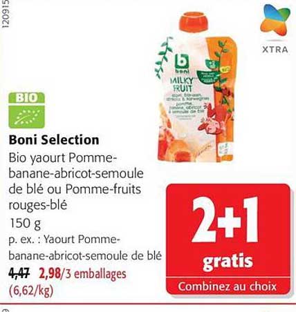 Boni Selection Bio yaourt Pomme-banana-abricot-semoule de blé ou Pomme-fruits rouges-blé 150 g