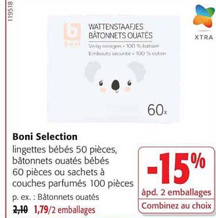 Boni Selection lingettes bébés 50 pièces, bâtonnets ouatés bébés 60 pièces ou sachets à couches parfumés 100 pièces