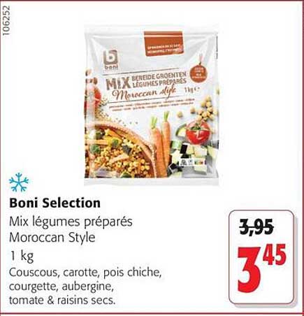 Boni Selection Mix légumes préparés Moroccan Style 1 kg Couscous, carotte, pois chiche, courgette, aubergine, tomate & raisins secs.