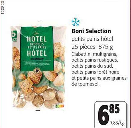 Boni Selection petits pains hôtel 25 pièces 875 g Ciabattini multigrains, petits pains rustiques, petits pains du sud, petits pains forêt noire et petits pains aux graines de tournesol.