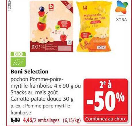 Boni Selection pochon Pomme-poire-myrtille-framboise 4 x 90 g ou Snacks au maïs goût Carotte-patate douce 30 g p. ex. : Pomme-poire-myrtille-framboise