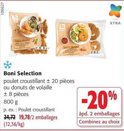 Boni Selection poulet croustillant ± 20 pièces ou donuts de volaille ± 8 pièces 800 g