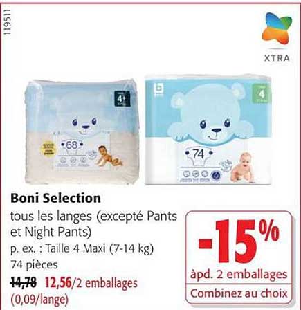 Boni Selection tous les langes (excepté Pants et Night Pants) p. ex. : Taille 4 Maxi (7-14 kg) 74 pièces