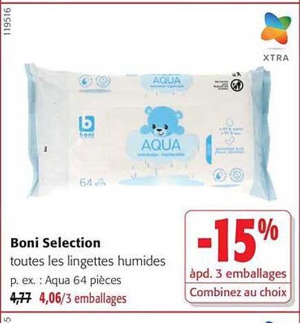 Boni Selection toutes les lingettes humides p. ex. : Aqua 64 pièces