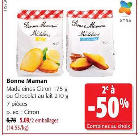 Bonne Maman Madeleines Citron 175 g ou Chocolat au lait 210 g 7 pièces