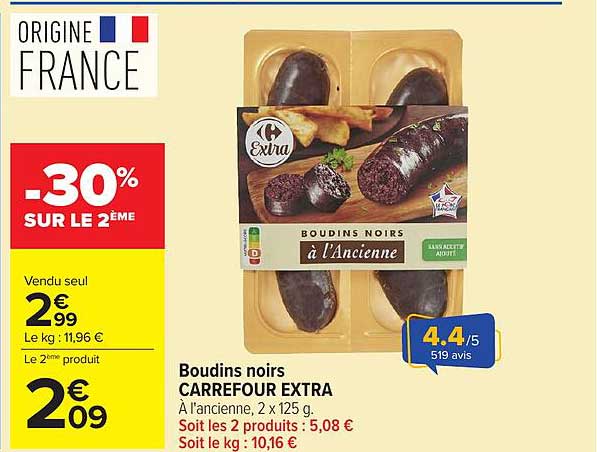 Boudins noirs CARREFOUR EXTRA À l'ancienne, 2 x 125 g.