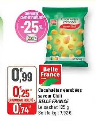 Cacahuètes enrobées saveur Chili BELLE FRANCE Le sachet 125 g Soit le kg : 7,92 €