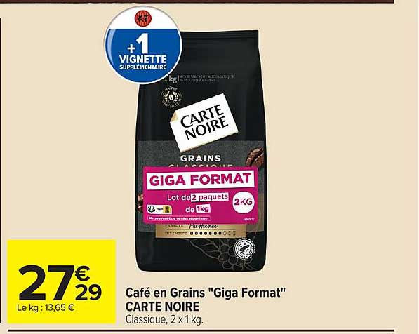 Café en Grains "Giga Format" CARTE NOIRE Classique, 2 x 1 kg.