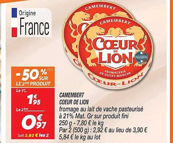CAMEMBERT COEUR DE LION fromage au lait de vache pasteurisé à 21% Mat. Gr sur produit fini 250 g