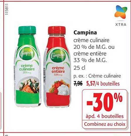 Campina crème culinaire 20 % de M.G. ou crème entière 33 % de M.G. 25 cl