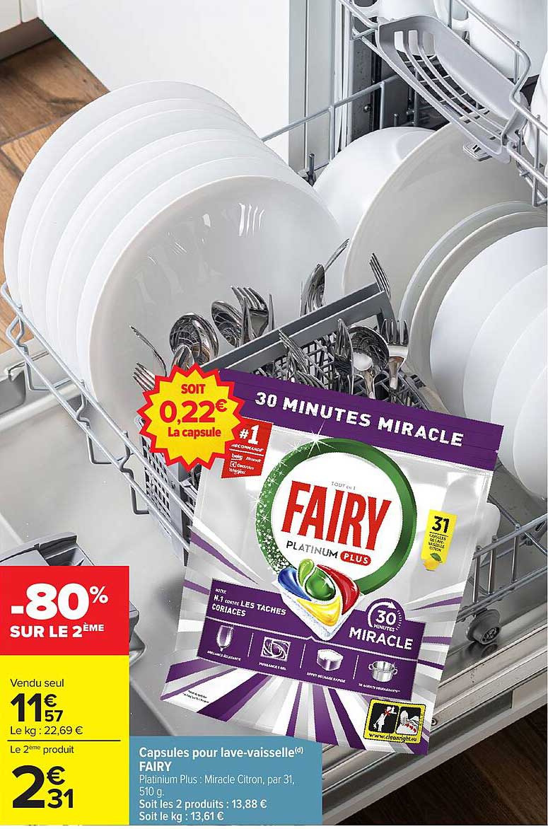 Capsules pour lave-vaisselle FAIRY Platinum Plus : Miracle Citron, par 31, 510 g