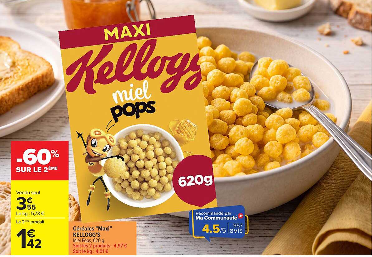 Céréales "Maxi" KELLOGG'S Miel Pops, 620 g