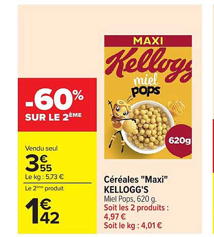 Céréales "Maxi" KELLOGG'S Miel Pops, 620 g. Soit les 2 produits : 4,97 € Soit le kg : 4,01 €