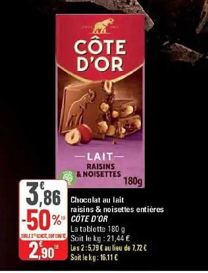 Chocolat au lait raisins & noisettes entières CÔTE D'OR