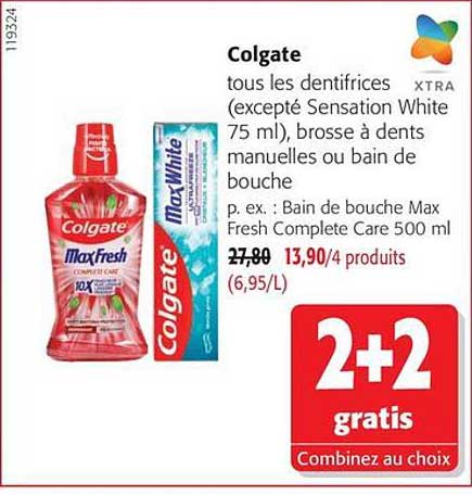 Colgate tous les dentifrices (excepté Sensation White 75 ml), brosse à dents manuelles ou bain de bouche
