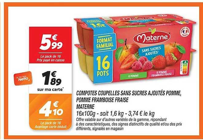 COMPOTES COUPELLES SANS SUCRES AJOUTÉS POMME, POMME FRAMBOISE FRAISE MATERNELLE