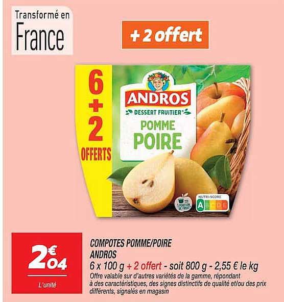COMPOTES POMME/POIRE ANDROS 6 x 100 g + 2 offert - soit 800 g