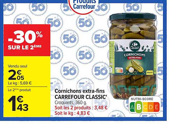Cornichons extra-fins CARREFOUR CLASSIC' Croquants, 360 g.