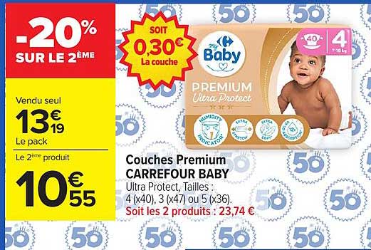 Couches Premium CARREFOUR BABY Ultra Protect, Tailles : 4 (x40), 3 (x47) ou 5 (x36). Soit les 2 produits : 23,74 €