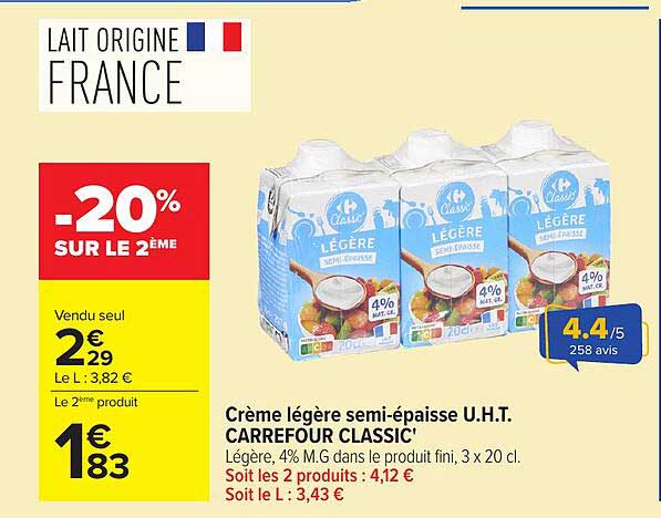 Crème légère semi-épaisse U.H.T. CARREFOUR CLASSIC'