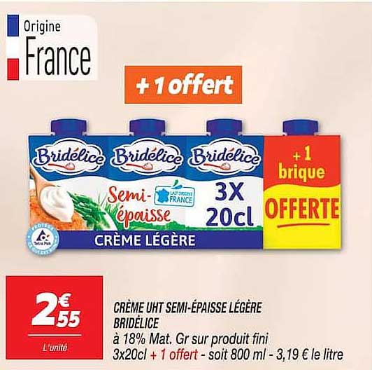 Crème UHT semi-épaisse légère Bridélice