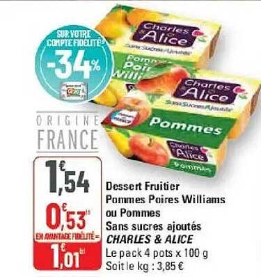 Dessert Fruittier Pommes Poires Williams ou Pommes Sans sucres ajoutés CHARLES & ALICE