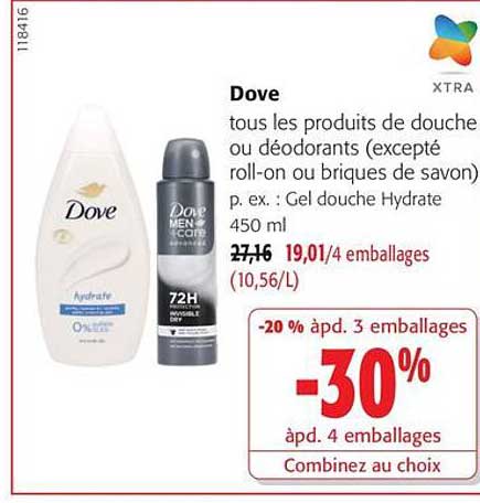 Dove tous les produits de douche ou déodorants (excepté roll-on ou briques de savon) p. ex. : Gel douche Hydrate 450 ml