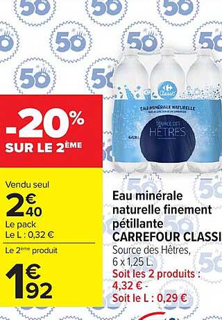 Eau minérale naturelle finement pétillante CARREFOUR Source des Hêtres, 6 x 1,25 L