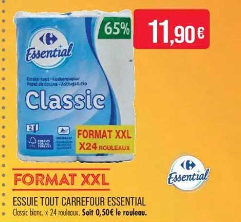 ESSUIE TOUT CARREFOUR ESSENTIAL Classic blanc. x 24 rouleaux. Soit 0,50€ le rouleau.