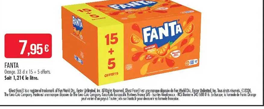 FANTA Orange, 33 cl x 15 + 5 offerts.
