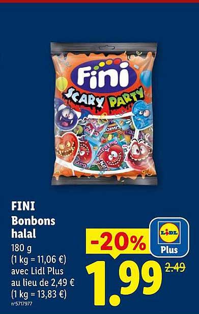 FINI Bonbons halal 180 g (1 kg = 11,06 €) avec Lidl Plus au lieu de 2,49 € (1 kg = 13,83 €)