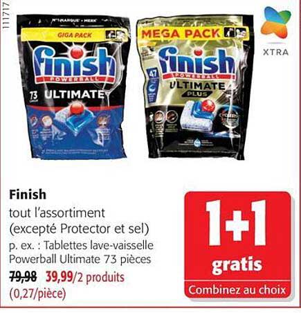 Finish tout l’assortiment (excepté Protector et sel) p. ex. : Tablettes lave-vaisselle Powerball Ultimate 73 pièces
