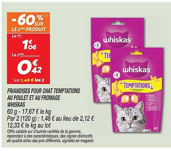 FRIANDISES POUR CHAT TEMPTATIONS AU POULET ET AU FROMAGE WHISKAS