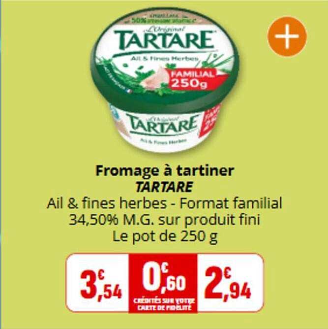 Fromage à tartiner TARTARE Ail & fines herbes - Format familial 34,50% M.G. sur produit fini Le pot de 250 g