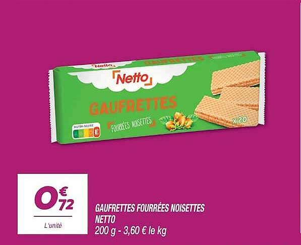 GAUFRETTES FOURRÉES NOISETTES NETTO 200 g - 3,60 € le kg